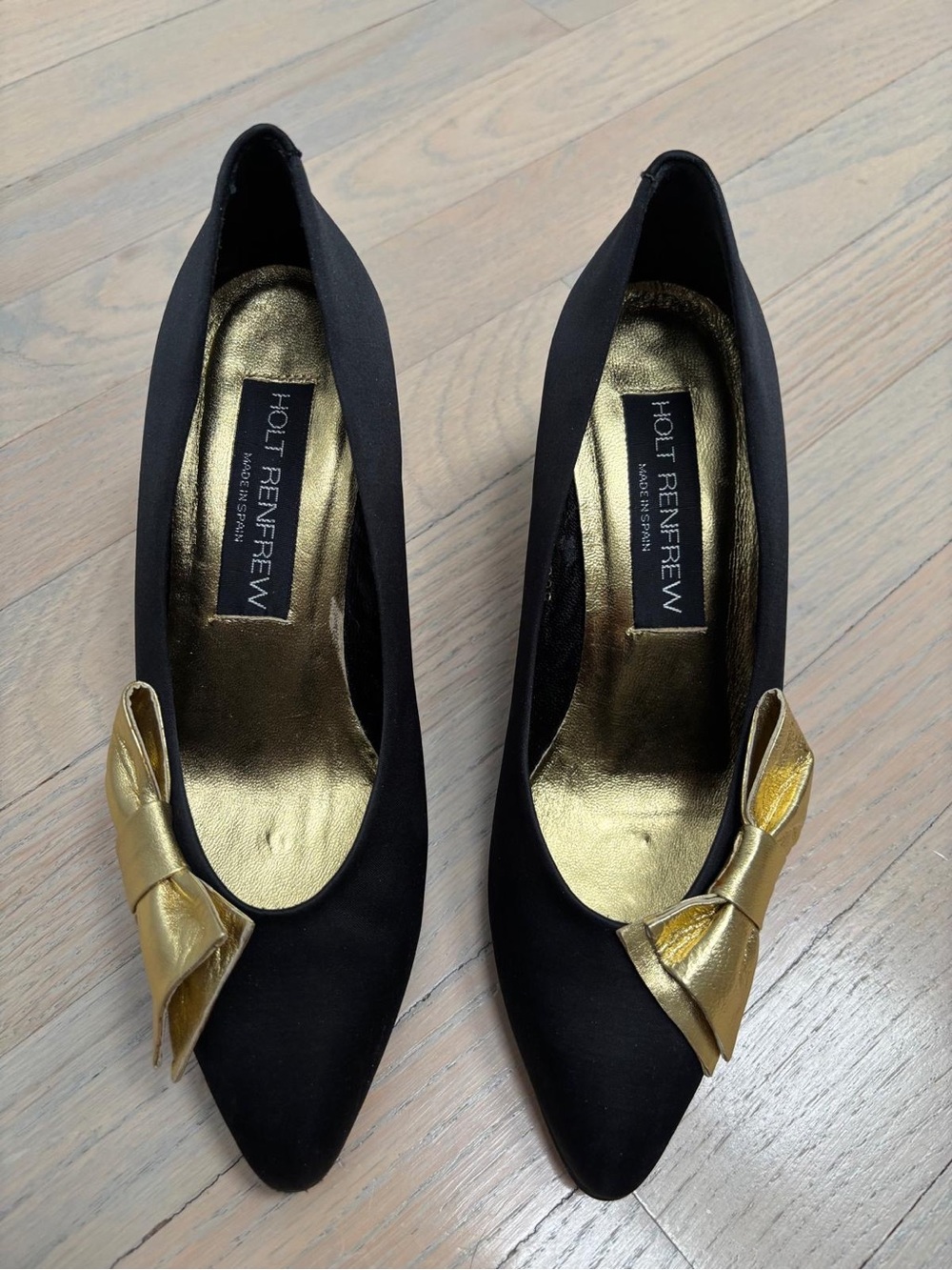 Holt Renfrew Black Satin Finish Pointed Heels  with Gold Bow Accent | Vintage